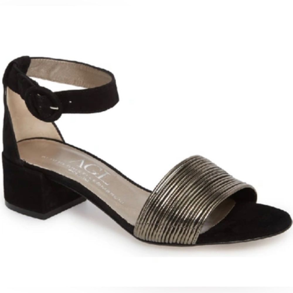 NEW AGL black suede pewter gunmetal leather strappy block heel sandals 41 11